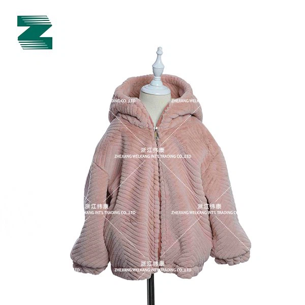 아동용 후드 지퍼 옆을 터 놓은 부분이 있는 헤링본 인조 모피 코트